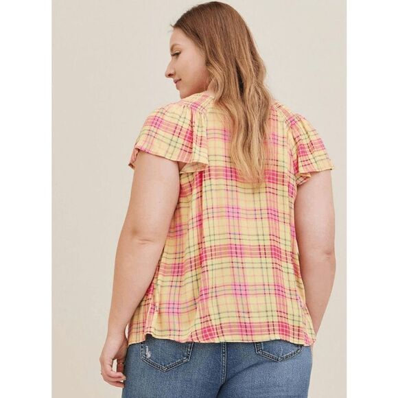 Torrid Plus Size Smocked Crew Neck Blouse Crinkle Gauze Plaid Yellow size 0X - Picture 2 of 9